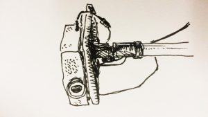 ink drawing of a data projector on a stand, image rotated 90 degrees anticlockwise