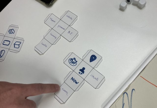 Finger pointing at a paper dice under construction with words and emblems on its surfaces