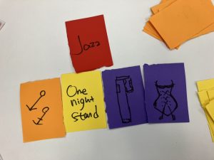 A prototype card game on brightly coloured paper. Cards carry the words 'One-Night Stand', 'Jazz', gender symbols and drawings of a corset and a one-legged pair of trousers.