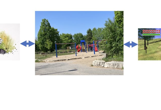 a sequence of three images: on the left Calvin and Hobbes enjoying outdoor play, on the right a screenshot of the landscape in the game Legend of Zelda Ocarina of Time and in the middle a children's playground with climbing frames and other equipment.