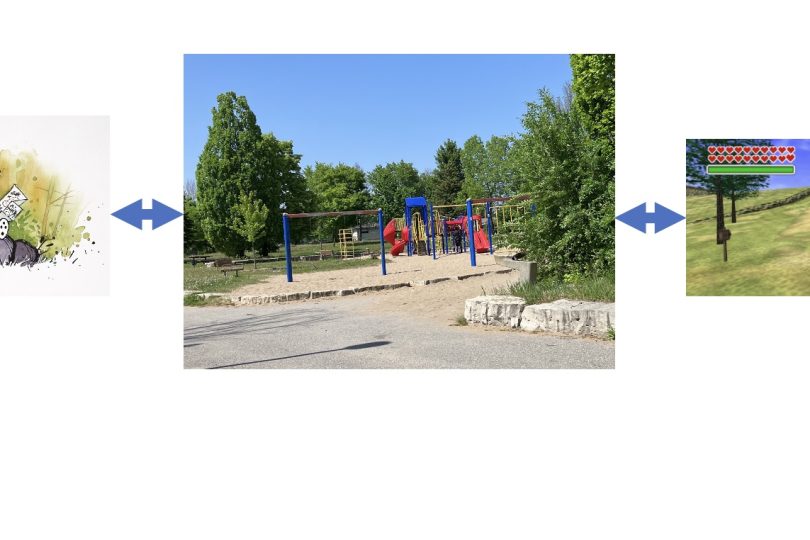 a sequence of three images: on the left Calvin and Hobbes enjoying outdoor play, on the right a screenshot of the landscape in the game Legend of Zelda Ocarina of Time and in the middle a children's playground with climbing frames and other equipment.