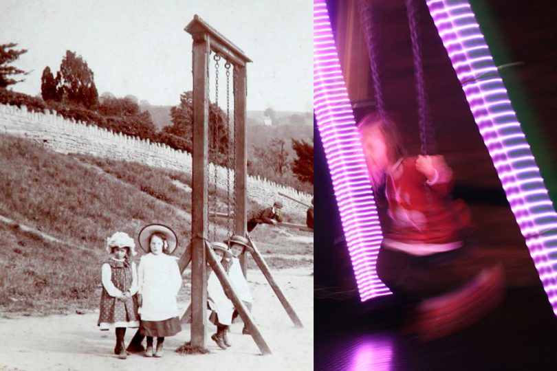 a composite image: on the left a detail of a postcard, circa 1905, of three young girls standing by a wooden framed swing in a park. On the right a dynamic shot of a young girl on Lightbug, an experimental interactive swing featuring LED lights