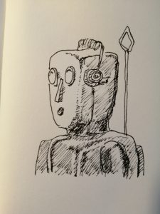 Black and white ink drawing of the head and torso of a toy robot