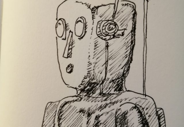 Black and white ink drawing of the head and torso of a toy robot