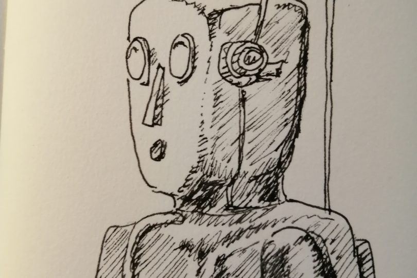 Black and white ink drawing of the head and torso of a toy robot