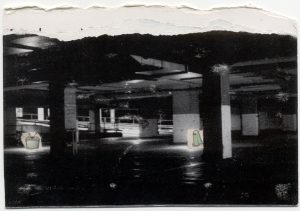 A collage of an underground car park with a ghost and a TV set