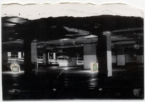 A collage of an underground car park with a ghost and a TV set